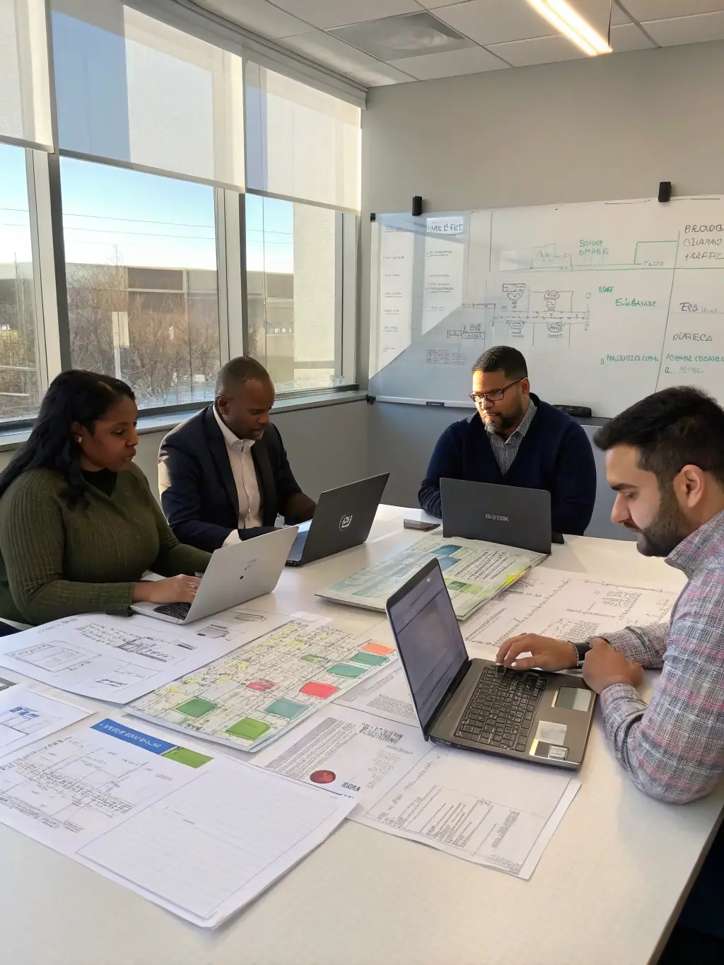 An image of a diverse team collaborating over strategic plans and market analysis charts, representing StratosMajor's strategic planning and advisory services.