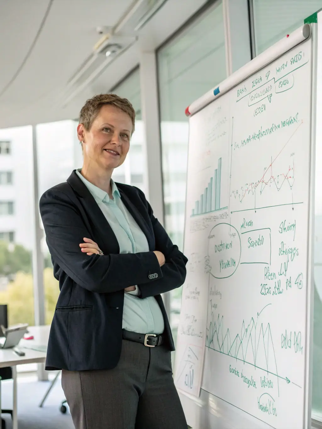 A consultant in a suit, standing in front of a whiteboard covered in strategic plans and market analysis charts, smiling confidently.