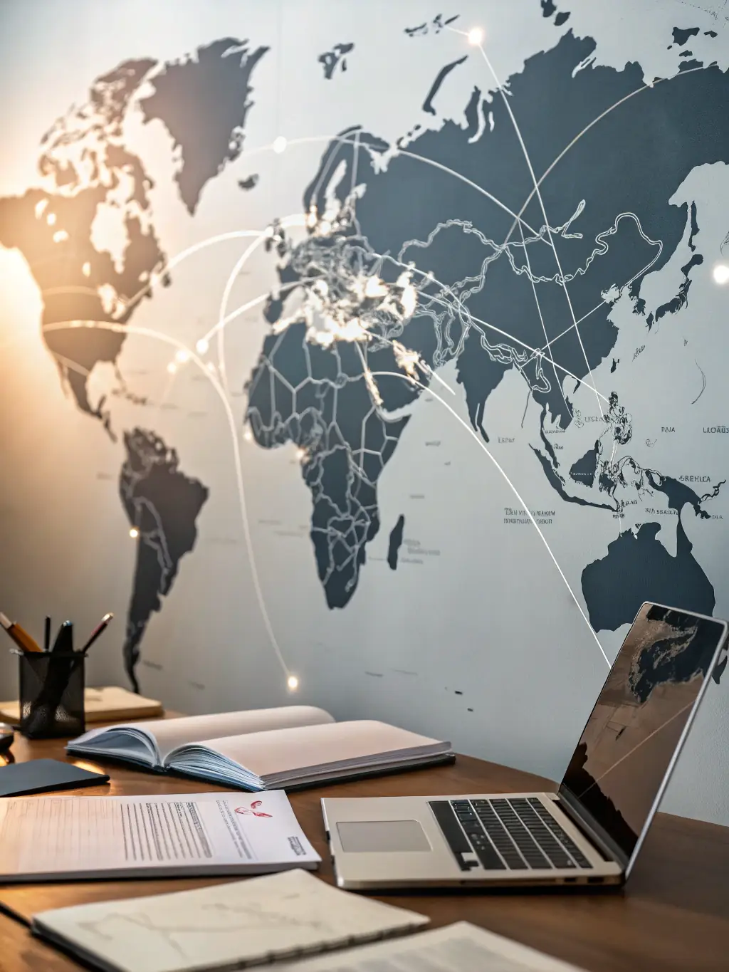 An image of a globe with interconnected business hubs and a team discussing expansion strategies, symbolizing StratosMajor's market expansion and global entry services.