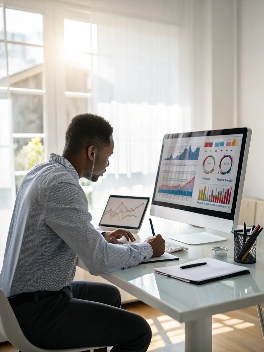 A photo of a business analyst reviewing workflow diagrams on a digital tablet, illustrating StratosMajor's operational efficiency optimization.