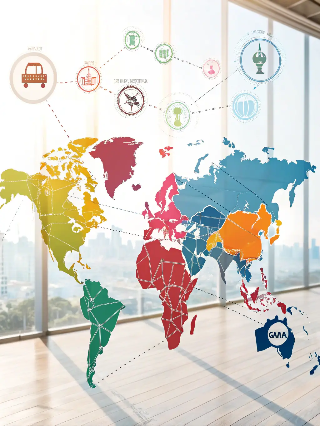 A world map with pins indicating successful market entries, highlighting the global reach and expertise of StratosMajor.